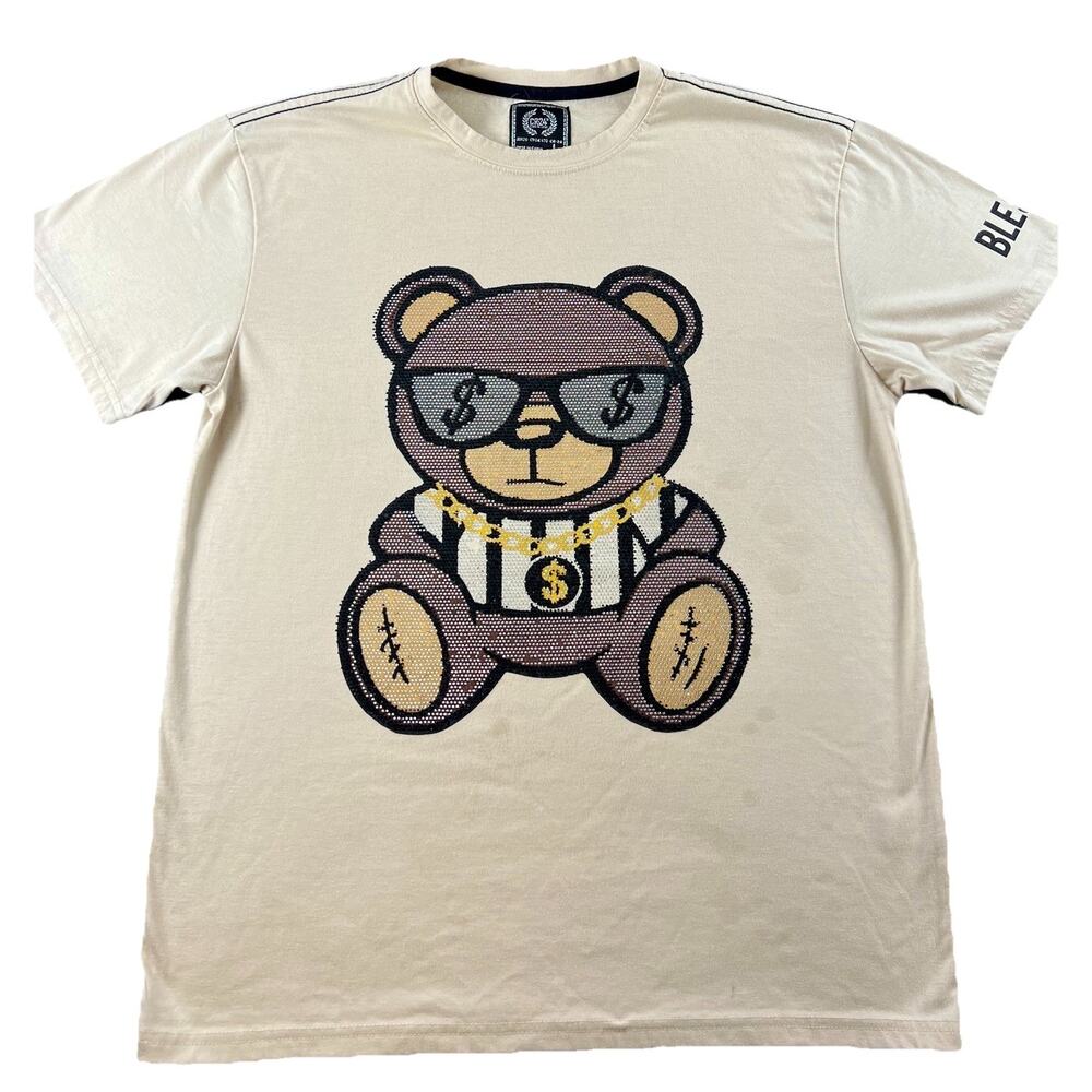 CR24 Chrome Edge Bear Graphic Tee L Beige Rhinestone Bling Streetwear
